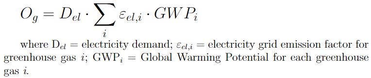 The operational GHG emissions (Og) of buildings (CO2e/kWh—carbon dioxide equivalent per kilowatt hour) are calculated using a linear equation
